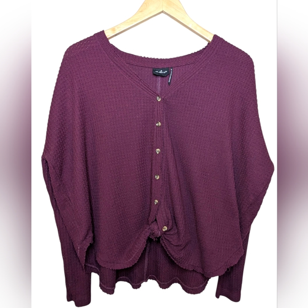 Urban Outfitters Top XS Plum Purple Waffle Knit Thermal Henley Oversized Lounge